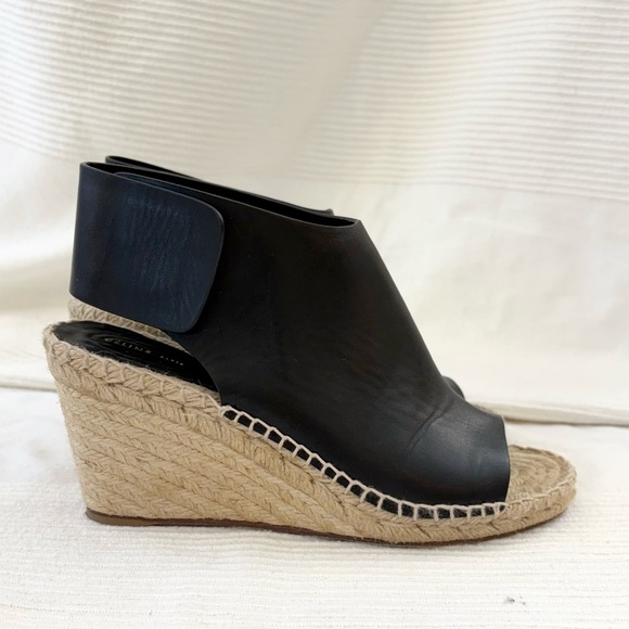 CÉLINE PARIS Black Leather Jute Espadrille Open Toe Heel Wedges EU 38 - Picture 4 of 14
